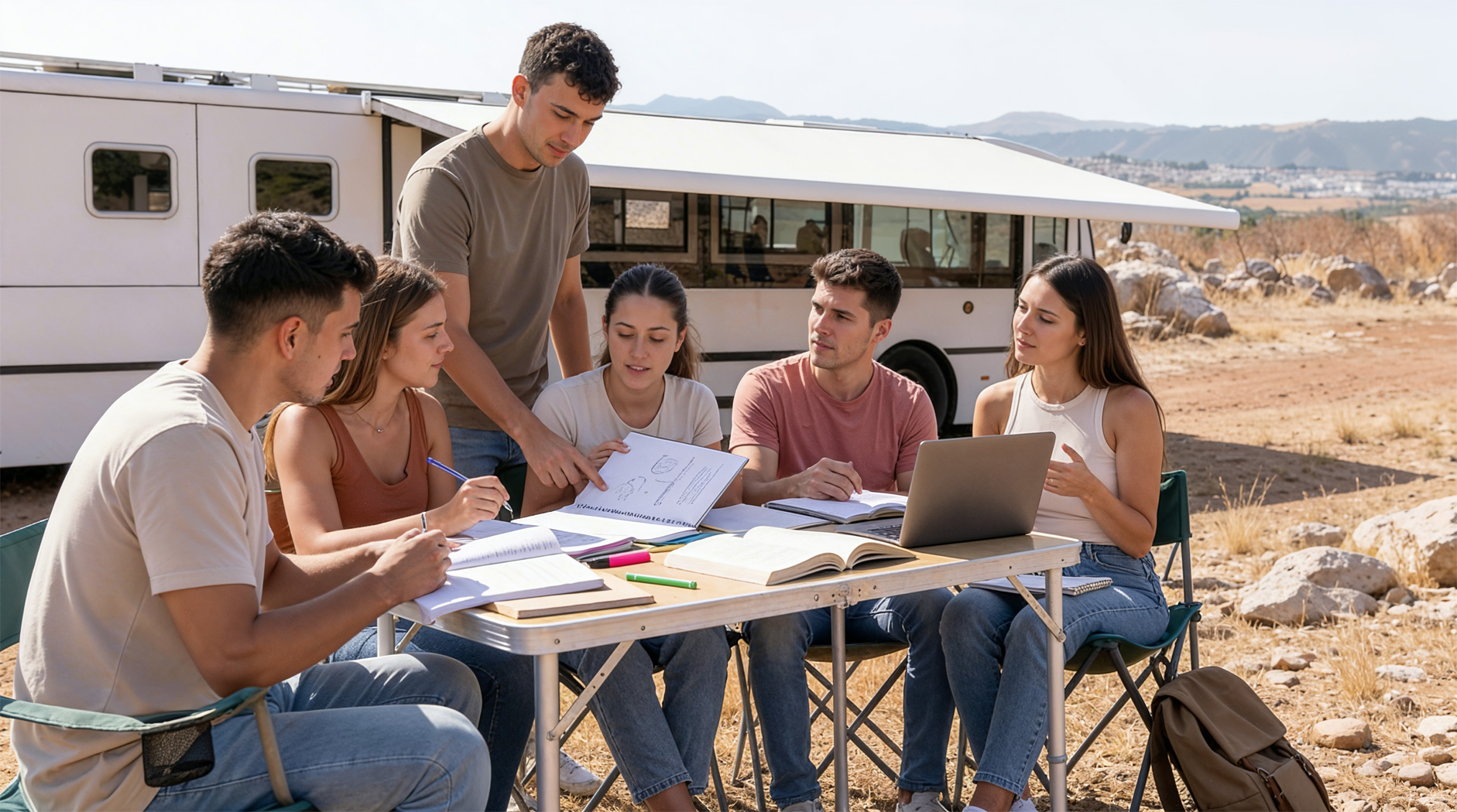 Students studying outdoors near the bus