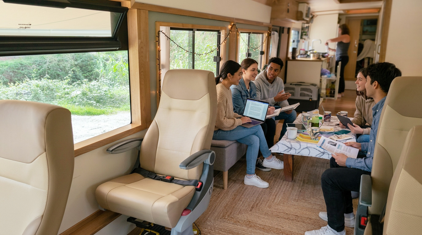 Students inside the mobile classroom